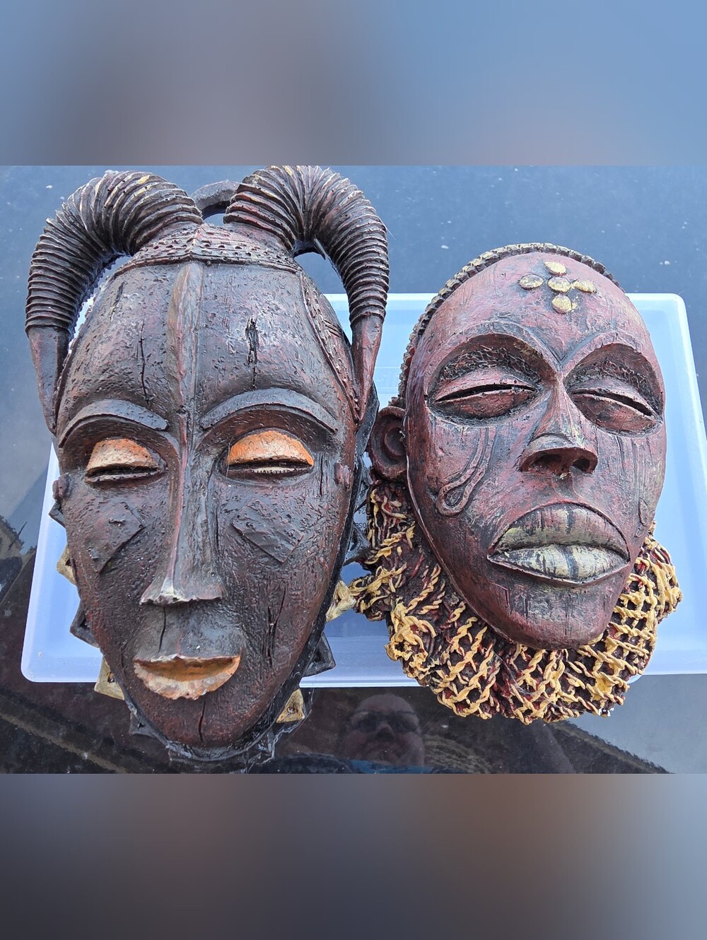 Vintage African Tribal Wood Carved Masks Wall Decor Set